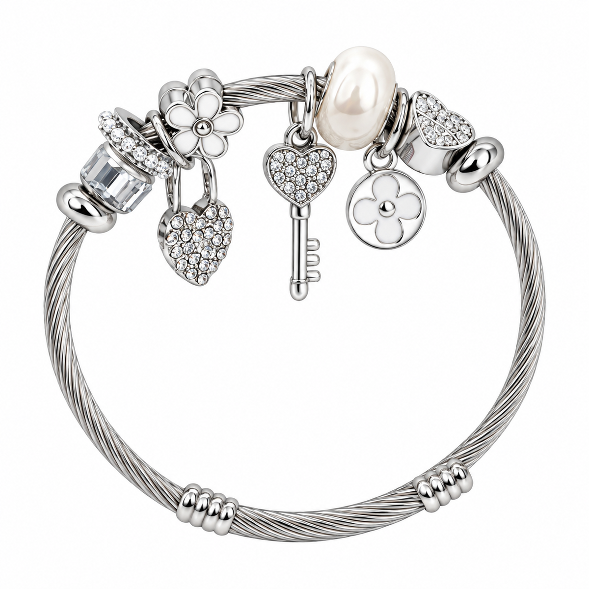 Ασημί Βραχιόλι με Πέρλα και Κρεμαστά Charms SZ201148